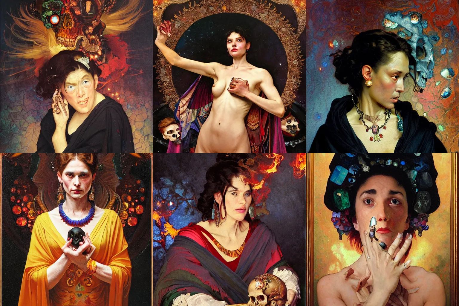 Prompt: An ugly which stares at a skull with precious stones in her hand! She wear a long dark robe. The background is made of multicolored fire. Painted by Caravaggio, Greg rutkowski, Sachin Teng, Thomas Kindkade, Alphonse Mucha, Norman Rockwell, Tom Bagshaw. Oil painting