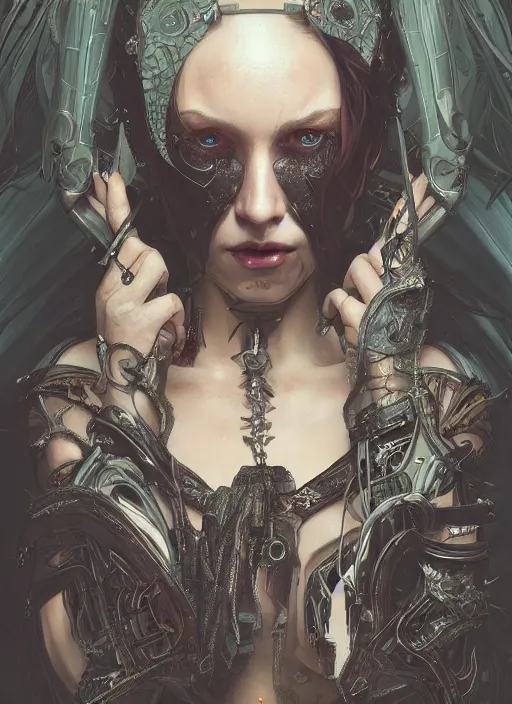 Image similar to a beautiful illustration of a cyberpunk witch with horns in head, intricate, sharp focus, illustration, highly detailed, digital painting, concept art, matte, art by wlop and artgerm and greg rutkowski and alphonse mucha, masterpiece