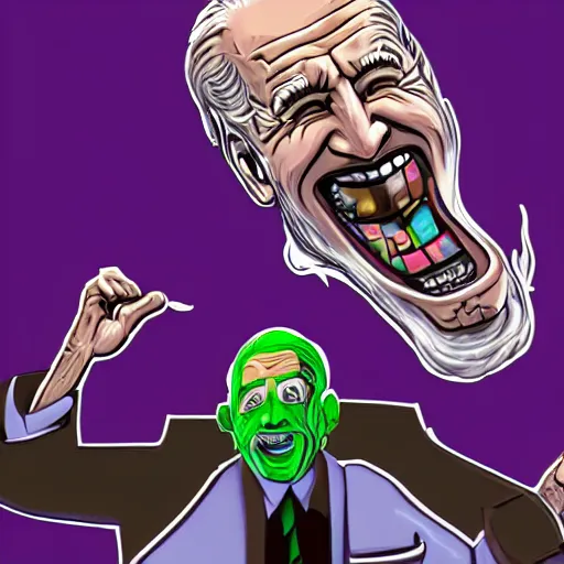 Prompt: President Biden screaming cowboy wall street trader face is melting with dollar signs in eyes, liquified, chrome reflections, black ink, glue dropping, snake oil skin, lit by one neon light from the top, rim lights purple and green, hyper bullish, octane render, cgsociety, autodesk, behance, kiki picasso style, performance enhancing crypto nootropic SIP TECH