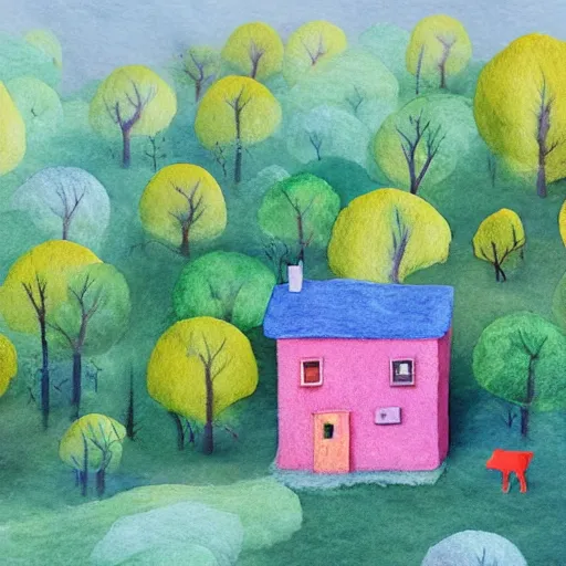 Image similar to small wooden house in the middle of spring forest, bright colours, watercolor, volumetric wool felting, macro photography, children illustration, by simon stalenhag