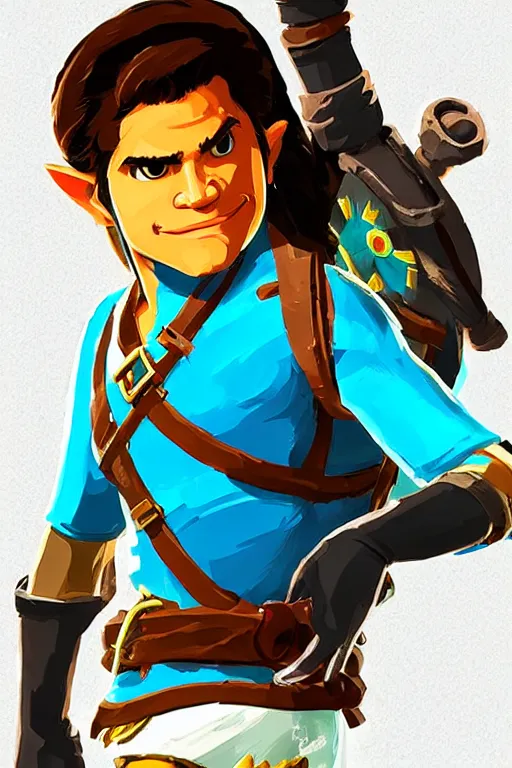 Prompt: an in game portrait of reggie fils aime from the legend of zelda breath of the wild, breath of the wild art style.