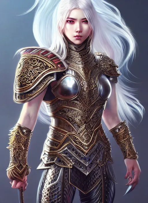 Image similar to warrior, intricate ornate opal heavy armor!!! beautiful and athletic white hair female!! gorgeous face and eyes!! character concept art, sharp focus, octane render! unreal engine 5! highly rendered!! trending on artstation!! detailed linework!! illustration by artgerm, wlop, and chie yoshii