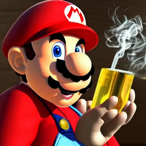 Prompt: super mario drinking bourbon and smoking a joint, realistic, defined