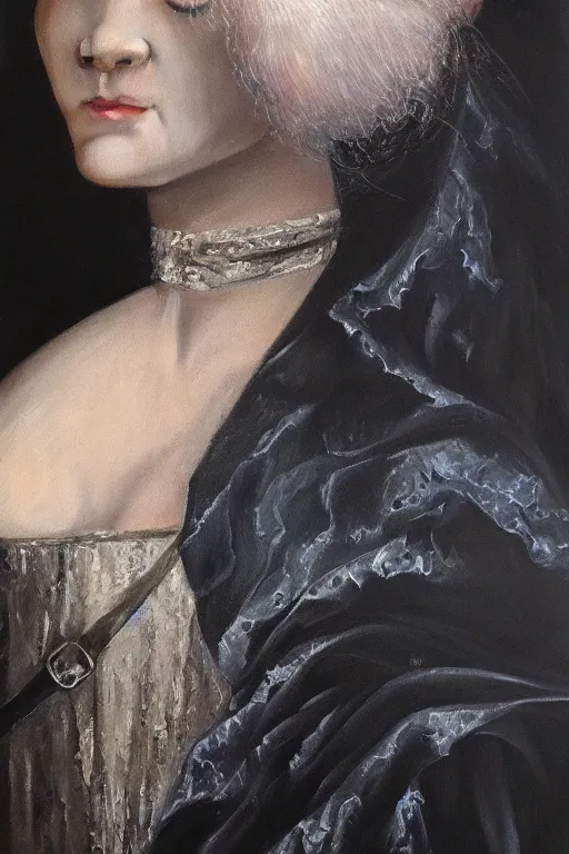 Image similar to hyperrealism oil painting, close - up portrait of albino medieval fashion model, black silk, steel gradient mixed with nebula sky, in style of baroque