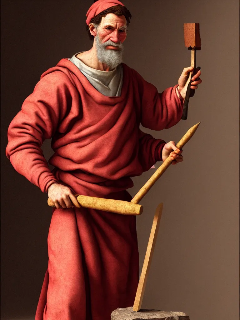 Prompt: a college aged michelangelo wearing peasant clothing of the renaissance holds a chisel in one hand and a mallet in the other, photorealistic, hyperdetailed, studio lighting, octane render, caustics