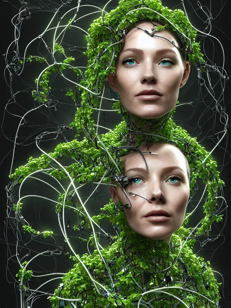 Prompt: a female cyborg robot, artificial intelligence, portrait, sci - fi theme, entwined in tree roots and ivy and wires, a hummingbird robotic flies next to her face, dystopian landscape, connected to nature via vines, branches, wires, technology, highly detailed, hyper - realistic, futuristic, volumetric lighting, art by artgerm