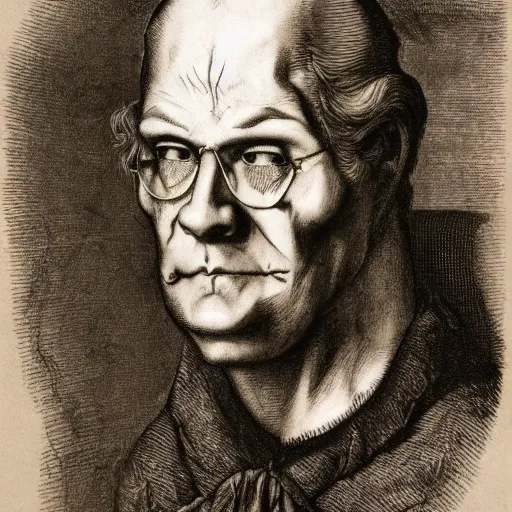 Image similar to Portrait Hank Hill Vampire Plumber anato finnstark jacques callot albrecht durer john flaxman gustav dore engraved ink stamp aquatint etching intaglio 4k artstation wikiart wikipedia