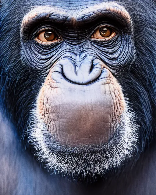 Prompt: gold, blue, photo of a chimpanzee, 8 k, 8 5 mm f 1. 8