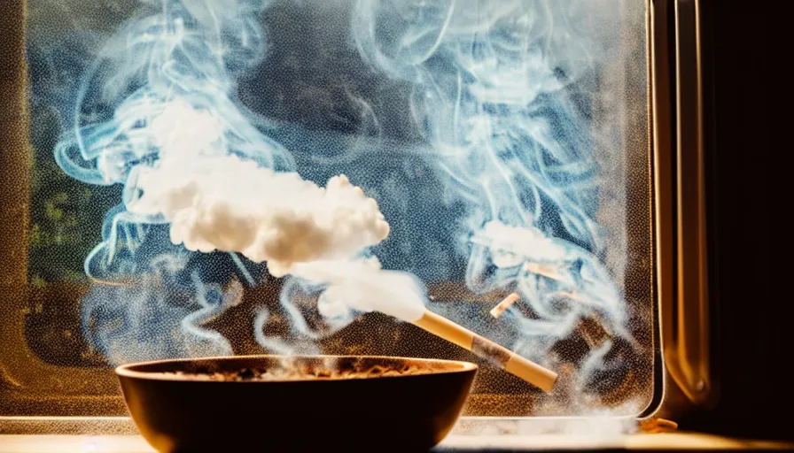 Image similar to a photo of a smoke coming out of my oven sitting next to my kitchen window, my roast is ruined, color photography, high quality, volumetric light, beautiful, 4 k