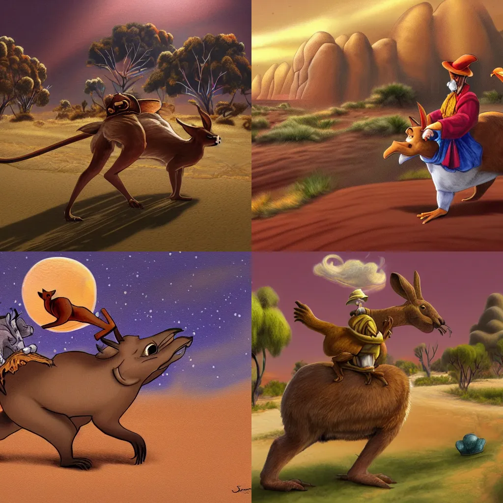 Prompt: Painting of Discworld's Rincewind running away from a very confused kangaroo, concept art, desert scenery, I repeat, the kangaroo is confused, digital art