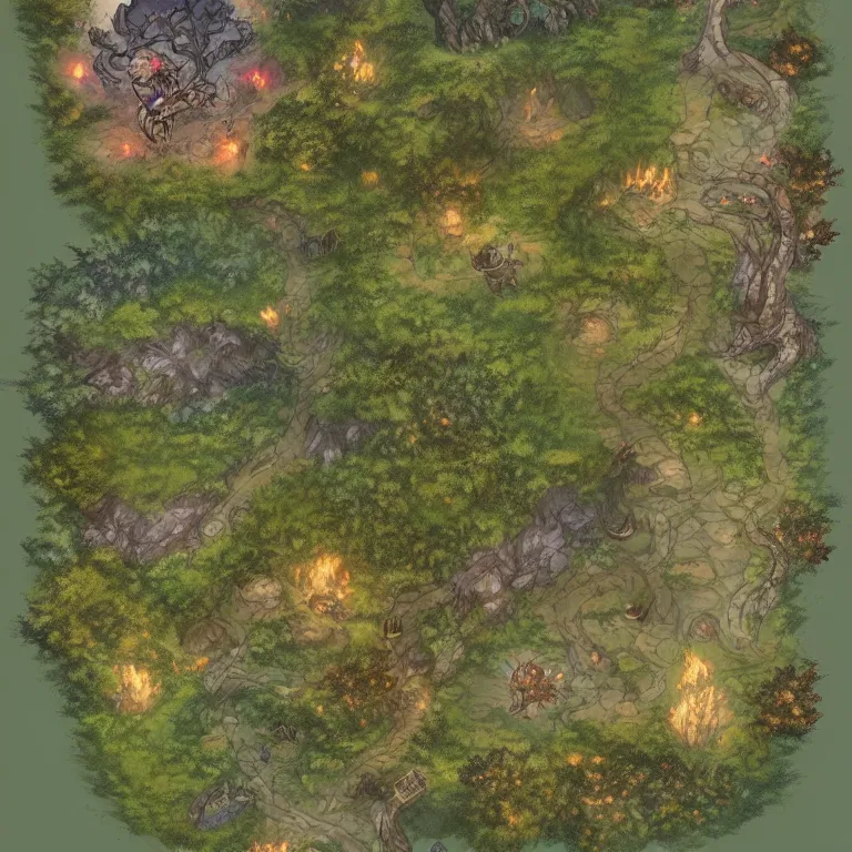 Image similar to full - color virtual tabletop battle map of a woodland clearing, dungeondraft, d & d, pathfinder, by jeff todd and greg rutkowski, trending on artstation, pinterest