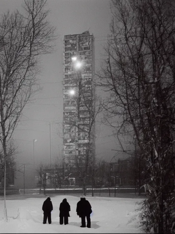 Image similar to film still of low soviet residential building in russian suburbs, lights are on in the windows, deep night, post - soviet courtyard, cozy atmosphere, winter, heavy snowб light fog, street lamps with orange light, several birches nearby, several elderly people stand at the entrance to the building