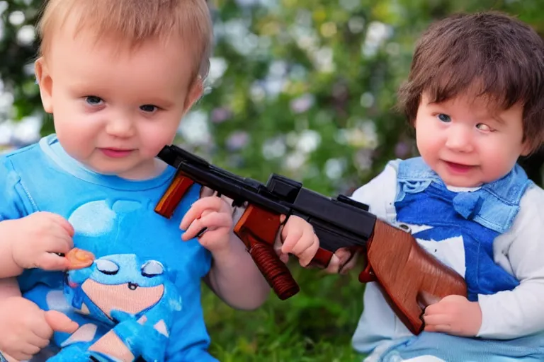 Prompt: baby holding fisher price ak-47 gun