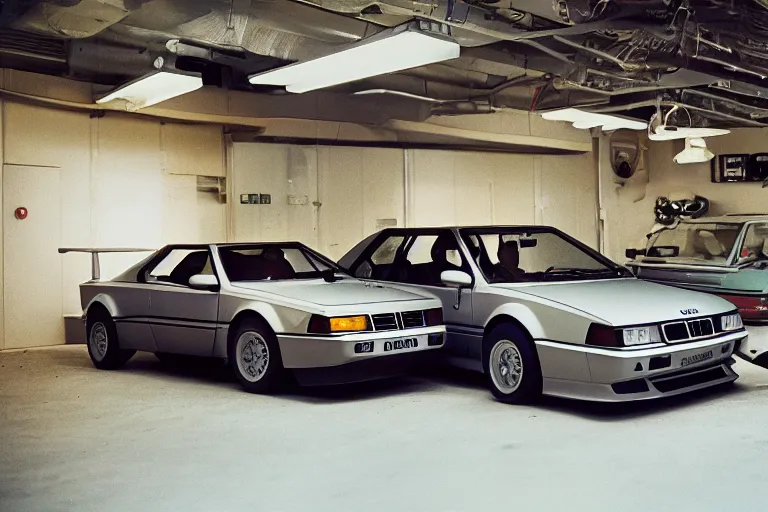 Prompt: a single 1988 Audi Quattro, BMW M1 Lincoln Continental, inside of a Tokyo garage, ektachrome photograph, volumetric lighting, f8 aperture, cinematic Eastman 5384 film