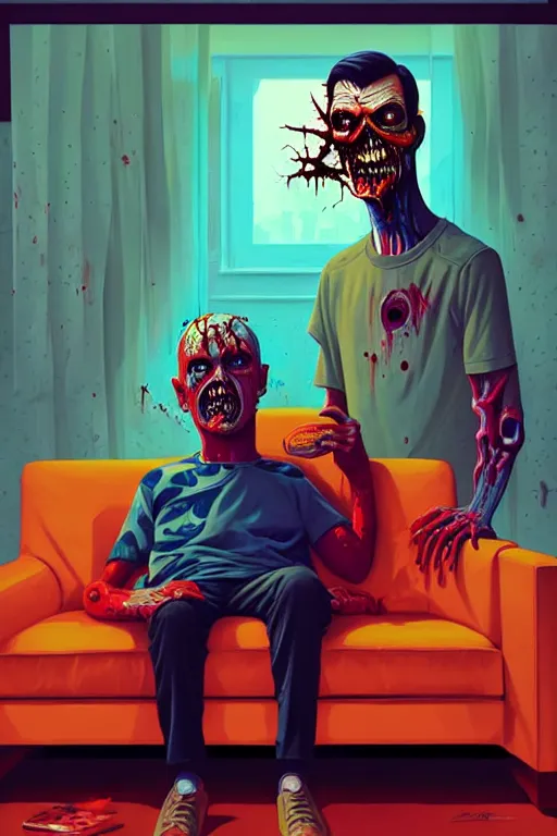 Image similar to a zombie dad sitting on the couch and watching tv, tristan eaton, victo ngai, artgerm, rhads, ross draws