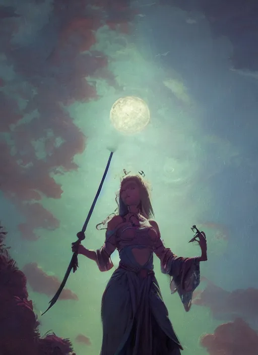 Image similar to hyper realistic photo of beautiful conjurer girl holding a magic staff under the moonlight, full body, rule of thirds, conceptart, saturated colors, cinematic, greg rutkowski, brom, james gurney, mignola, craig mullins, artstation, cgsociety