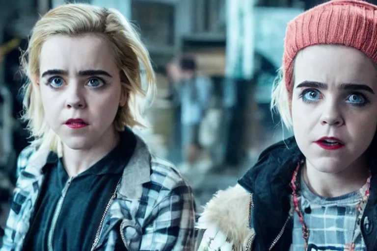 Prompt: promotional image of kiernan shipka as a punk in a new movie, detailed face, movie still frame, promotional image, imax 70 mm footage