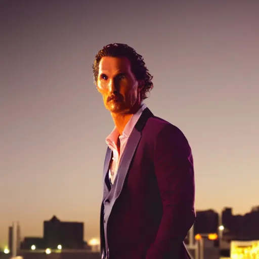 Image similar to a still of matthew mcconaughey . Shallow depth of field. City at night in background, lights, colors ,studio lighting, mood, 4K. Profession photography