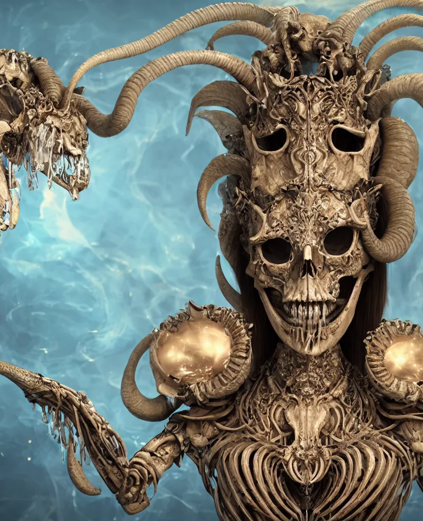 Image similar to close-up macro portrait of the face of a beautiful princess with ram animal skull mask, epic angle and pose, ribcage skeleton symmetrical artwork, 3d with depth of field, blurred background, cybernetic jellyfish female face phoenix bird, translucent, nautilus, energy flows of water and fire. a highly detailed epic cinematic concept art CG render. made in Maya, Blender and Photoshop, octane render, excellent composition, cinematic dystopian brutalist atmosphere, dynamic dramatic cinematic lighting, aesthetic, very inspirational, arthouse. y Greg Rutkowski, Ilya Kuvshinov, WLOP, Stanley Artgerm Lau, Ruan Jia and Fenghua Zhong