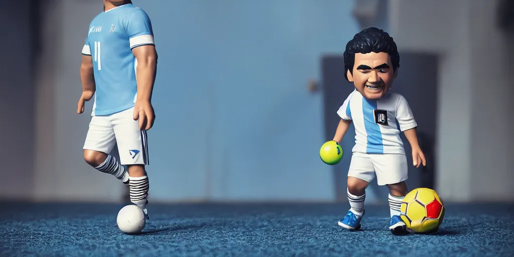 Image similar to funko pop of young thing maradona with big head, argentina t - shirt, smile, no beard, stand with a ball under his left foot, max resolution, high contrast, cinematic, light cinematic, volumetric, realistic, cinematic lighting, octane render, hyper realistic