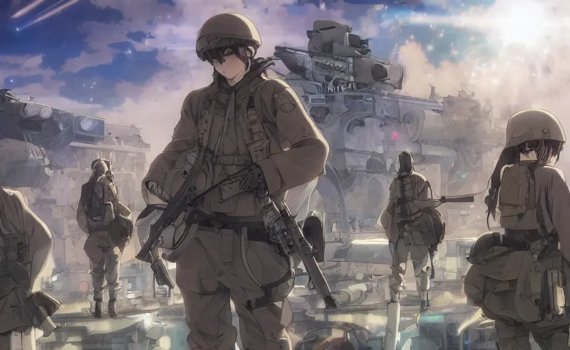 Image similar to anime style, modern warfare, panoramic view, searchlights in background, soldier clothing, hair down, real faces, symmetrical facial features, from arknights, hyper realistic, wallpaper, detailed drawing, trending pixiv, safebooru, volumetric lights, think in 3 d, by alphonse mucha, greg rutkowski, sharp focus, backlit, mechanized transport