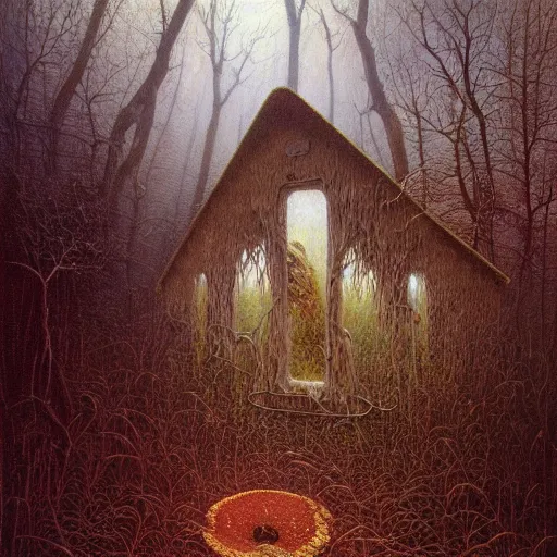 Image similar to small cottage in the forest by zdzisław beksinski, marco mazzoni, peter gric, oil on canvas, highly detailed, whimsical, fantasy