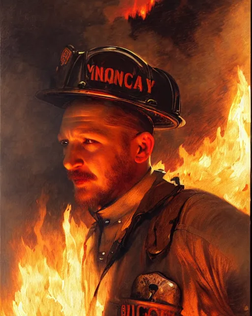 Image similar to tom hardy as a firefighter at a burning nyc building, smoke and flames, painting by gaston bussiere, craig mullins, j. c. leyendecker