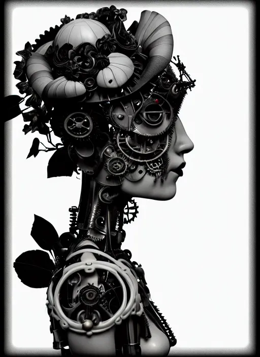 Image similar to black and white dreamy foggy profile face portrait, one steampunk eye biomechanical beautiful young female cyclope - cyborg - robot bust, body ribs meshes,, volumetric light, hibiscus flowers, by hg giger, rim light, by dora maar and cecile beaton, big gothic fashion pearl embroidered collar, 8 k