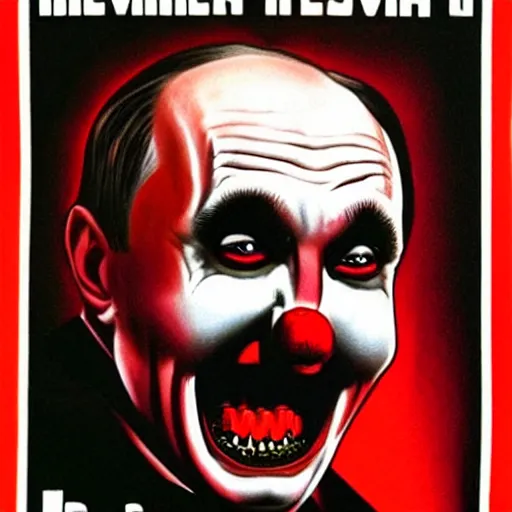 Image similar to Putin is serial killer devil in vintage horror movie poster of Putin is clown