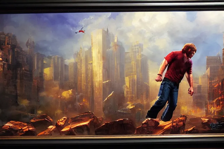 Image similar to chuck norris kicking out a window, an oil painting by ross tran and thomas kincade