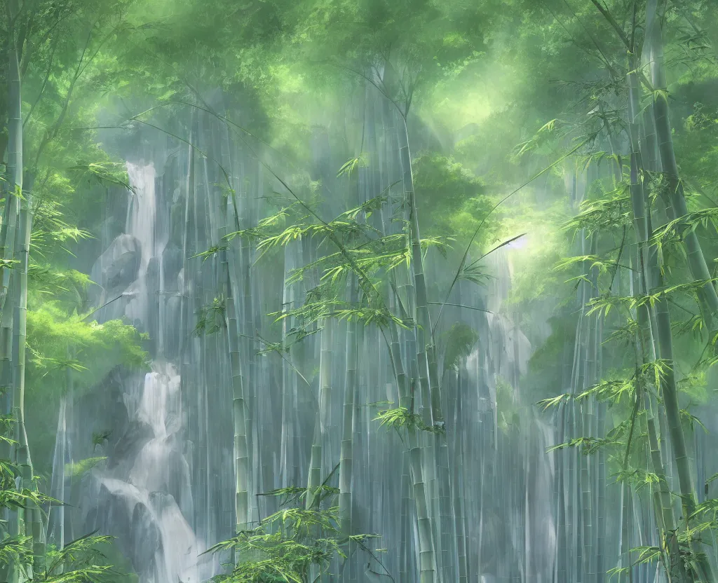 Prompt: misty japanese bamboo forest, cell shaded, huge waterfall, large rocky mountain, drawing, stylized anime, sun rays, soft, by hayao miyazaki, ghibli studio, makoto shinkai, toei animation, studio trigger, trending on artstation, 4 k, hd