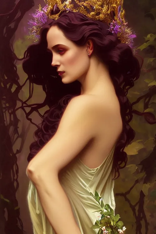 Image similar to ombre velvet gown, beautiful elegant dryad, beautiful face with soft features by leyendecker, long hair, tiara, dozens of jeweled necklaces, by greg rutkowski, brom, anato finnstark, alphonse mucha, oil painting, highly detailed, cinematic lighting, unreal,