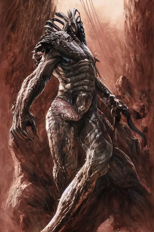 Image similar to beautiful clean acrylic painting of predator huntinf, prey, yautja, concept art by andy park, detailed, stunning