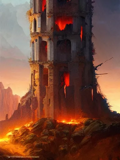 Prompt: ruins of a crumbling giant tower catching fire. elegant, highly detailed, digital painting, artstation, concept art, sharp focus, illustration, by justin gerard and artgerm, 8 k