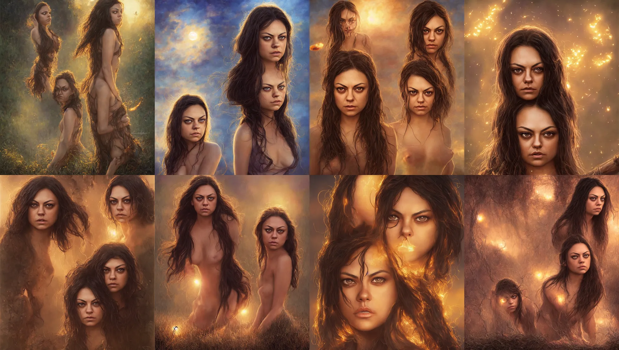 Image similar to big - eyed surprised mila kunis staring intensely into the camera, sundown golden hour firefly wisps, steve hanks, charlie bowater, mark brooks, steve henderson, justin gerard, mark keathley, victor nizovtsev, tom bagshaw, krenz cushart, ross tran, focal length : 2 0 0. 0 mm