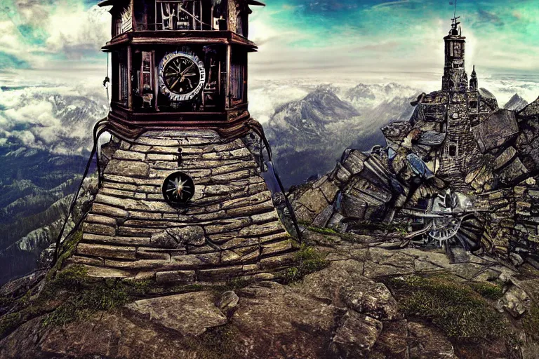 Image similar to the impossible clock tower on the top of a mountain, steampunk art, digital art, wide angle view