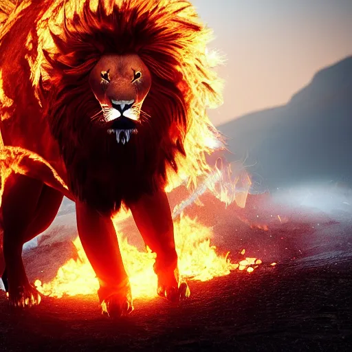 Image similar to fire lion, flaming, detail, unreal engine, cinematic