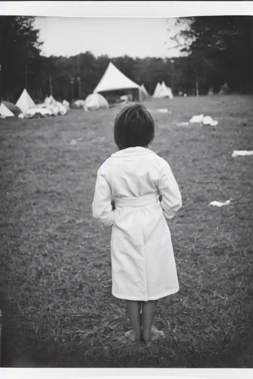 Prompt: photo polaroid of a sad and lonely child in a white coat and barefoot stands in the middle from behind the camera many big tents of field hospitals, pandemic, covid, loneliness, black and white ,photorealistic, 35mm film,