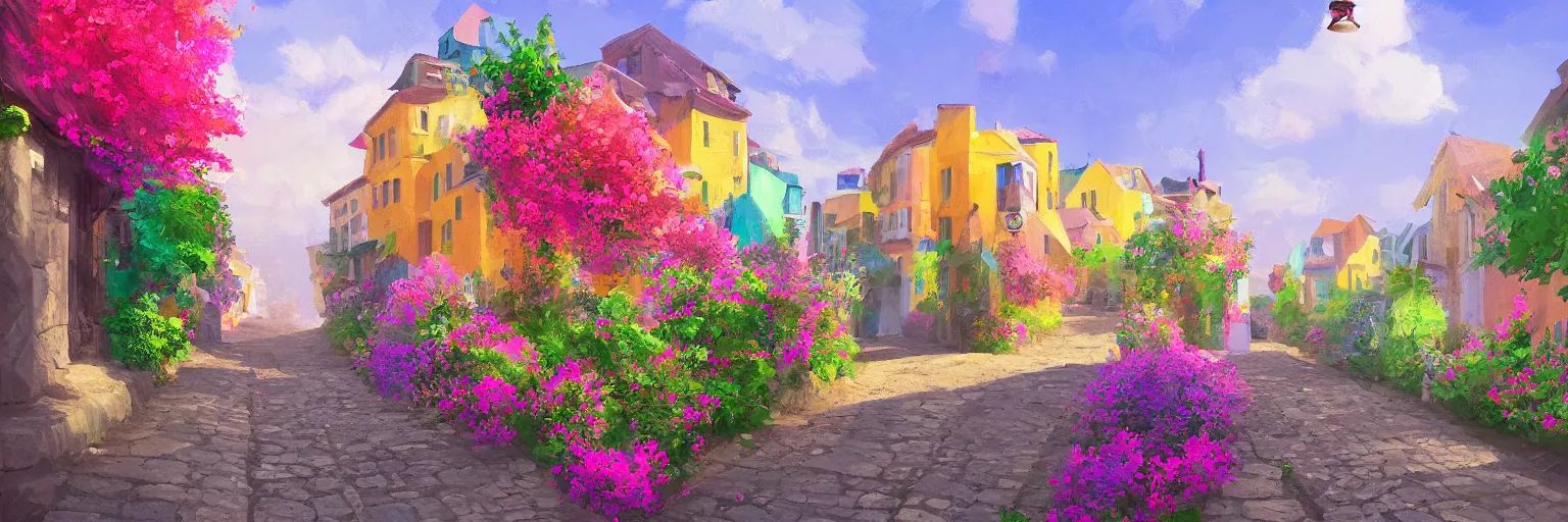 Image similar to a lonely cobblestone street with flowers on a hill with colorful houses near the beach and the sea, brightly illuminated by rays of sun, artstation, colorful sylvain sarrailh illustration
