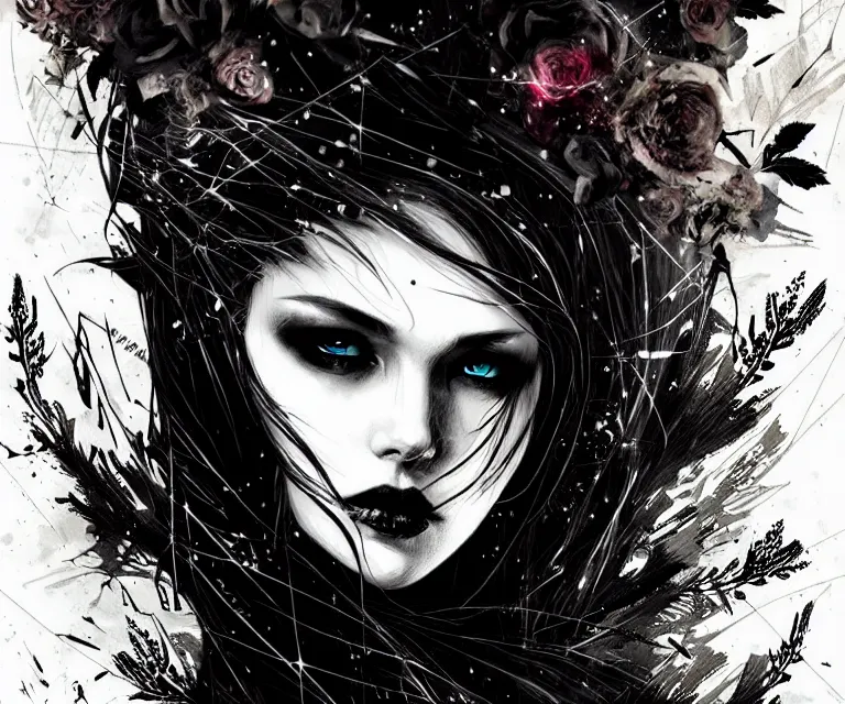 Image similar to stunning otherworldly gothic goddess of beauty, dark and mysterious, atmospheric, ominous, eerie, cinematic, epic, 8 k, 4 k, ultra detail, ultra realistic, rendered by awesomeness. nights falling wind is blowwing snow is pilling concept art in style of carne griffiths artwork by xsullo