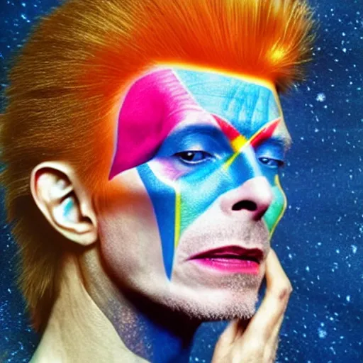 Image similar to cosmic daoist david bowie with whole face yin - yang symbol painted on face, singing into microphone and comets sparkling nearby