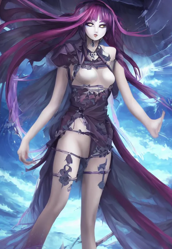 Image similar to mad necromancer anime girl walking through tunder lands of infinite geometry, floating obelisks, oil painting, symmetrical, rule of three, detailed body, full body, detailed face, ultradetailed digital illustration, 8 k, epic atmosphere, digital art by simon cowell and rachel walpole