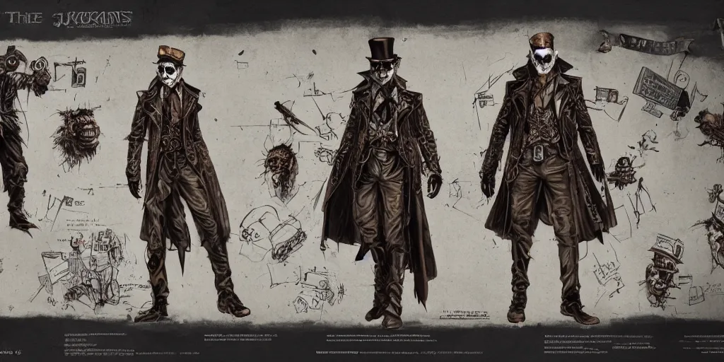 Image similar to steampunk the joker, character sheet, concept design, contrast, kim jung gi, greg rutkowski, zabrocki, karlkka, jayison devadas, trending on artstation, 8 k, ultra wide angle, pincushion lens effect