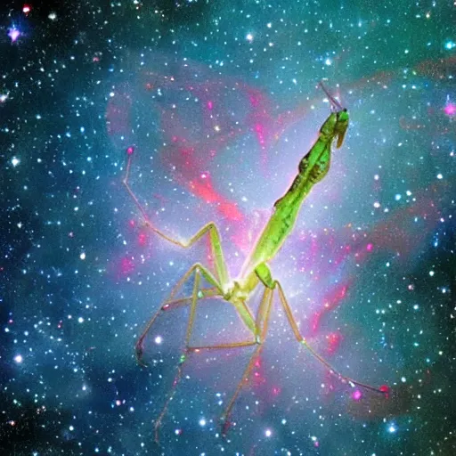 Image similar to celestial praying mantis made out of galaxies, universe, nebulas, mystical, majestic.