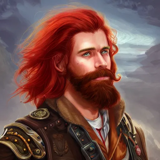 Prompt: rugged ship captain, 3 0 years old, male, handsome, masculine, red hair, long hair, soft hair, fantasy, intricate, elegant, highly detailed, steampunk, airship, digital painting, artstation, concept art, character art, smooth, sharp focus, illustration, art by artgerm