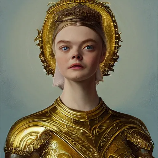 Prompt: Elle Fanning in a gold armor, religious masterpiece portrait, oil on canvas, occult night, in the world of Andrew Wyeth and Dark Souls, artstation, by J. C. Leyendecker and Peter Paul Rubens,