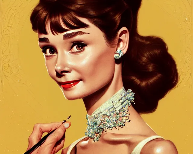 Image similar to photography of audrey hepburn in breakfast at tiffany's, deep focus, intricate, elegant, highly detailed, digital painting, artstation, concept art, matte, sharp focus, illustration, art by artgerm and greg rutkowski and alphonse mucha