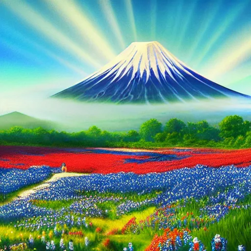 Image similar to a beautiful and detailed picture of mount fuji surrounded by a field of bluebonnets, in the style of magic the gathering, highly detailed, digital painting, god rays, volumetric lighting, octane render, 4 k resolution, art by adam paquette and johann bodin and jason rainville