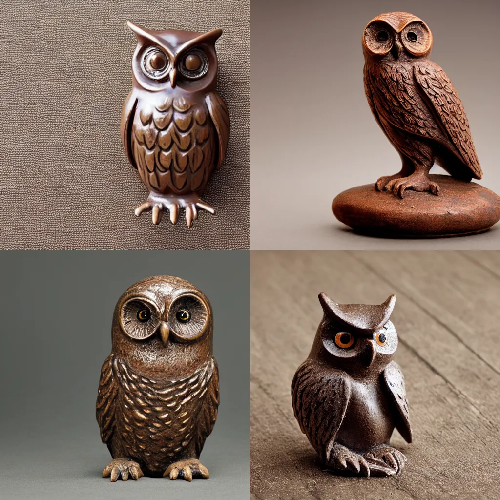 Prompt: A brown statuette of an owl. solid Background.