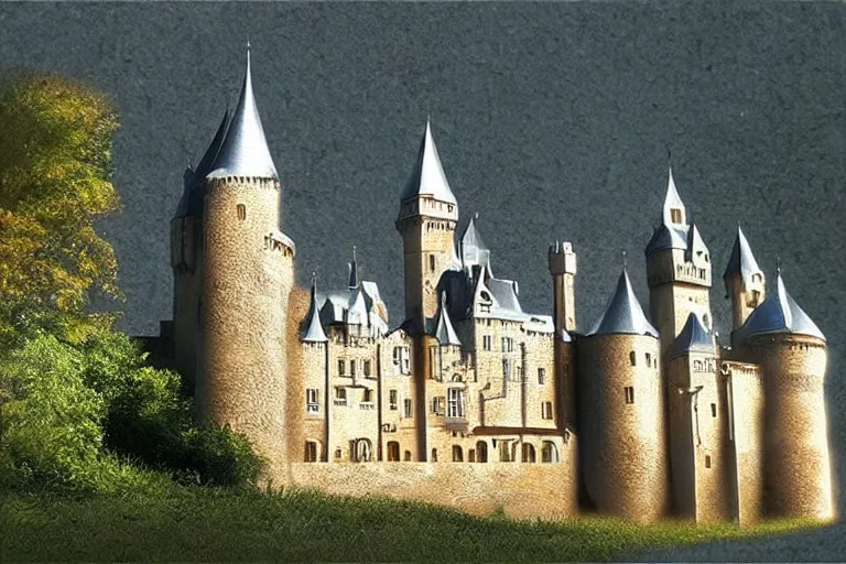 Image similar to castle, chrome, reflect, fantastic, ultra realistic!!!, clear weather, golden hour, sharp focus